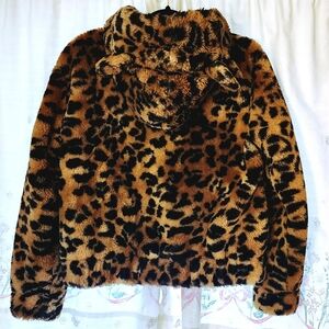 Merona PLUSH FAUX FUR LEOPARD ANIMAL PRINT EARS Hooded Jacket Coat (S) L…